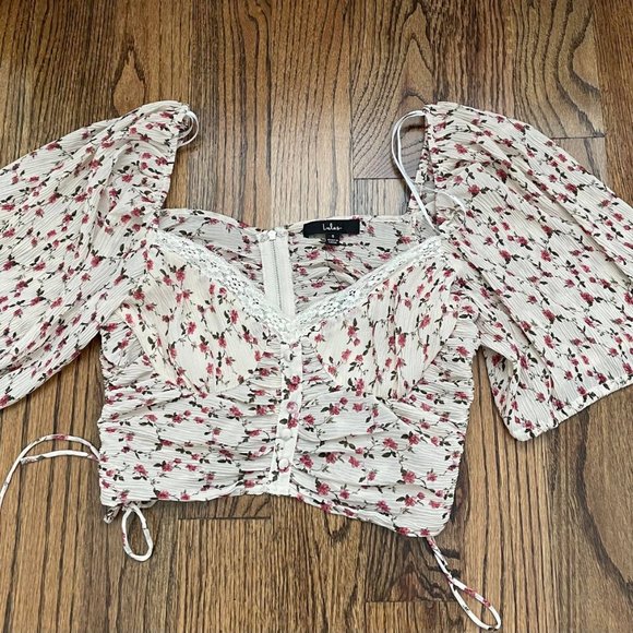 Beige Floral Print Ruched Drawstring Crop Top - Picture 4 of 5